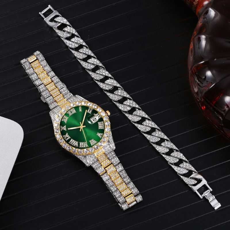 Muoti 2 Kpl/setti Metalliseos Diamond Business Watch Koristeltu Pointer Quartz Watch Rannekoru