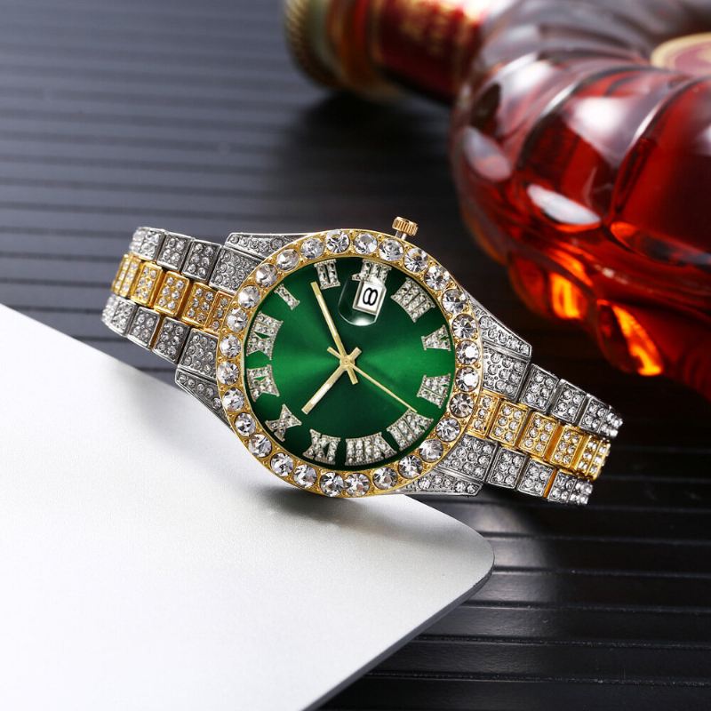 Muoti 2 Kpl/setti Metalliseos Diamond Business Watch Koristeltu Pointer Quartz Watch Rannekoru