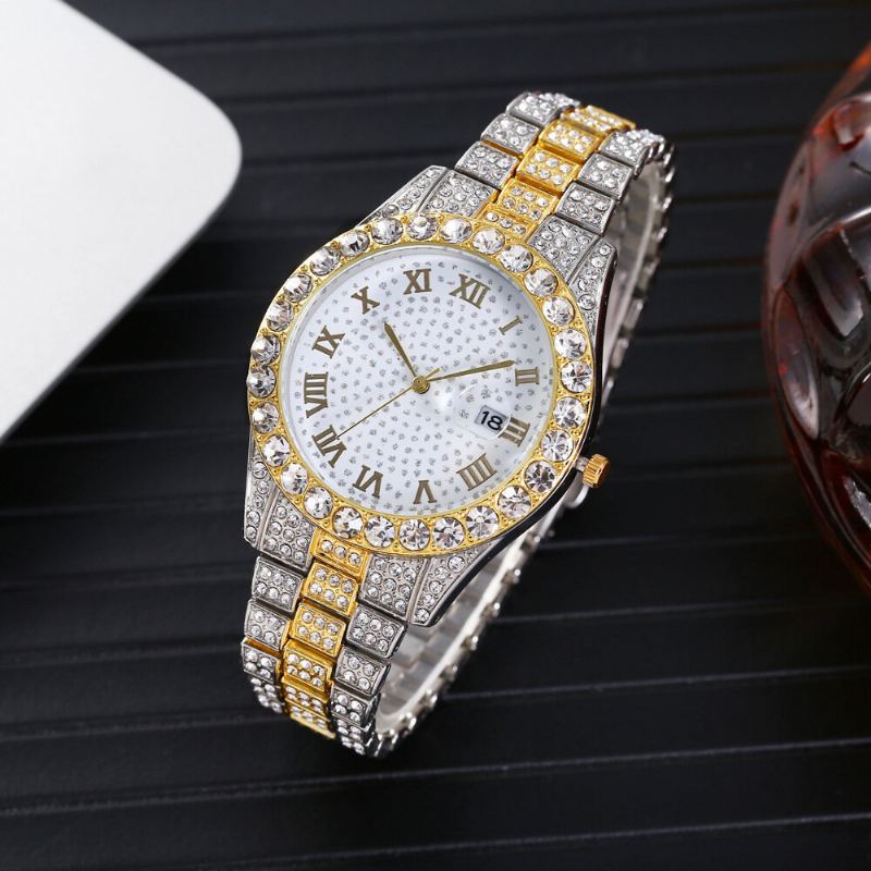 Muoti 2 Kpl/setti Metalliseos Diamond Business Watch Koristeltu Pointer Quartz Watch Rannekoru