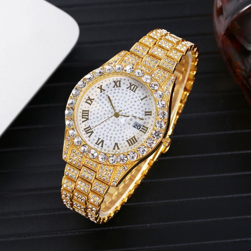 Muoti 2 Kpl/setti Metalliseos Diamond Business Watch Koristeltu Pointer Quartz Watch Rannekoru