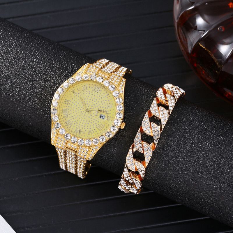 Muoti 2 Kpl/setti Metalliseos Diamond Business Watch Koristeltu Pointer Quartz Watch Rannekoru