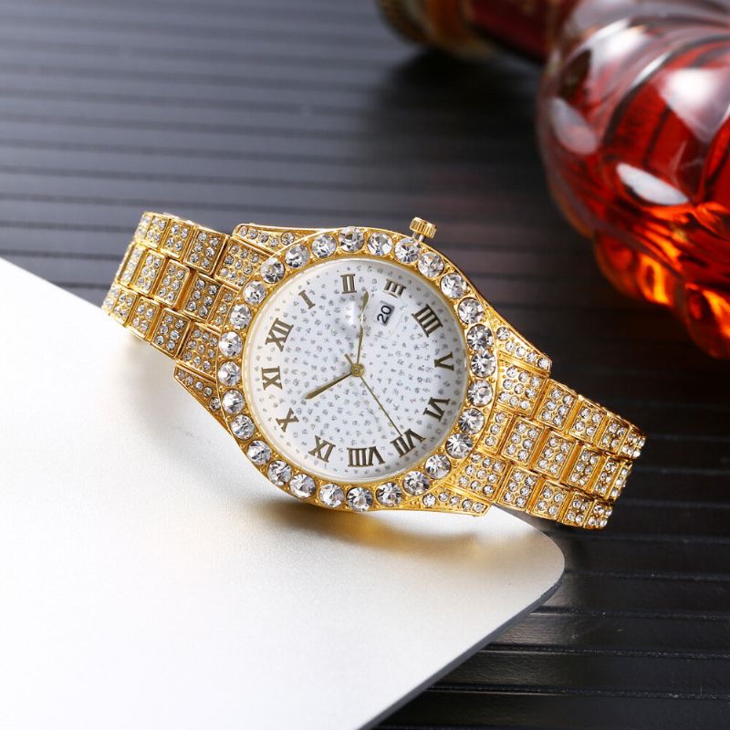 Muoti 2 Kpl/setti Metalliseos Diamond Business Watch Koristeltu Pointer Quartz Watch Rannekoru