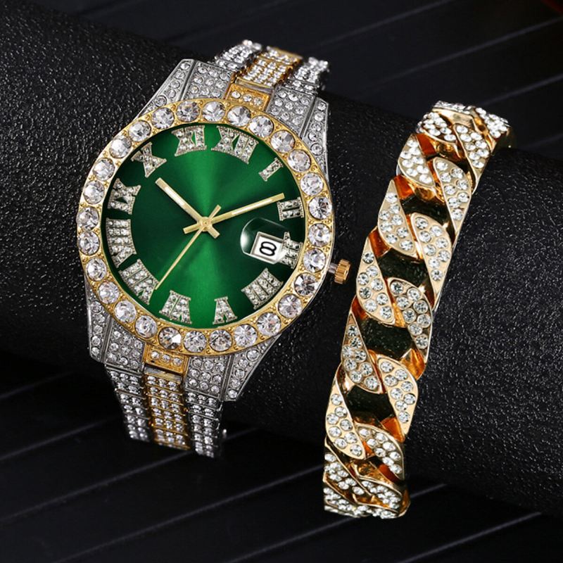 Muoti 2 Kpl/setti Metalliseos Diamond Business Watch Koristeltu Pointer Quartz Watch Rannekoru