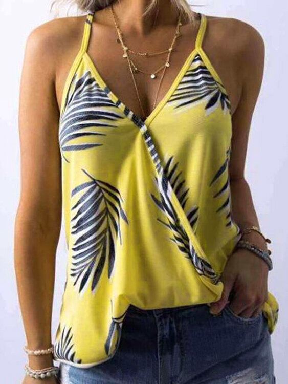 Tropical Plant Print V-pääntie Hihattomat Kesäiset Hawaii-tanktopit