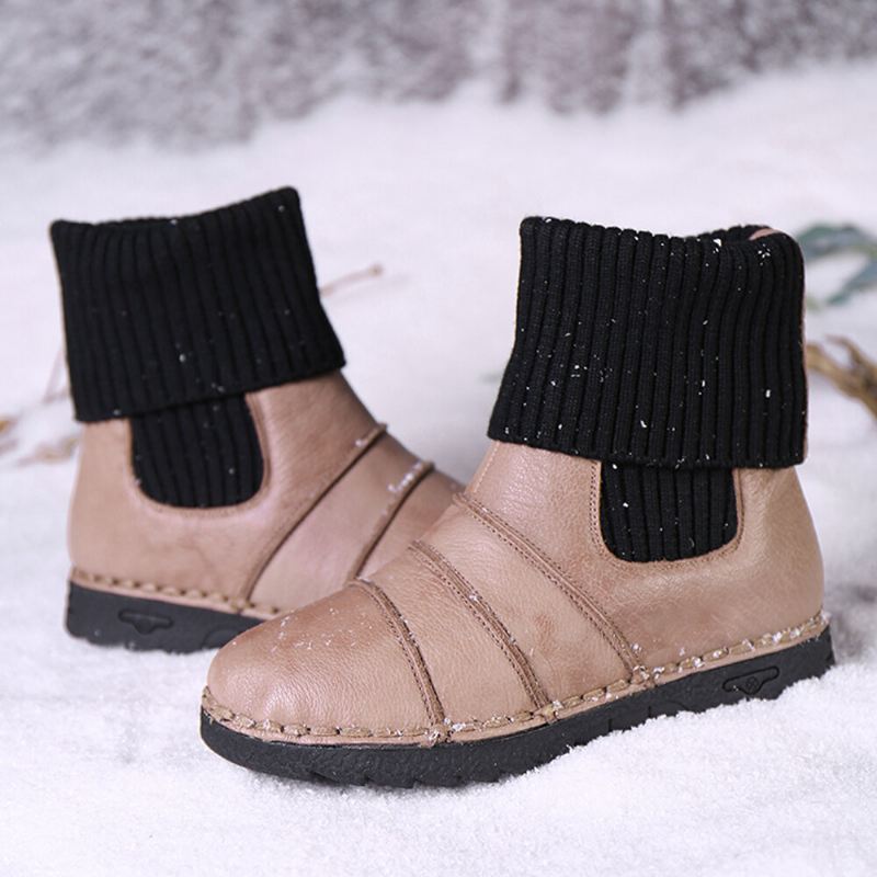 Lehmännahkainen Nahka Tikkaus Lämmin Vuori Slip-on Litteät Kengät Snow Lyhyet Saappaat