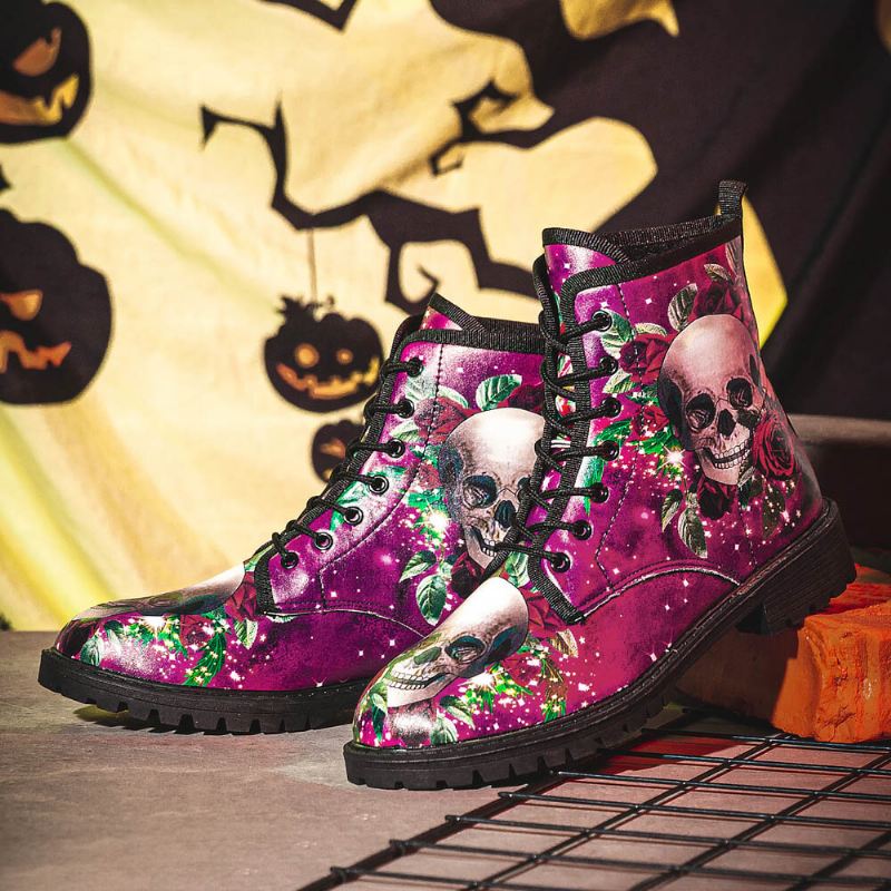 Miesten Nahka Halloween Pehmeä Pohja Pyöreä Varvas Hauska Pääkallo Printing Casual Martin Boots