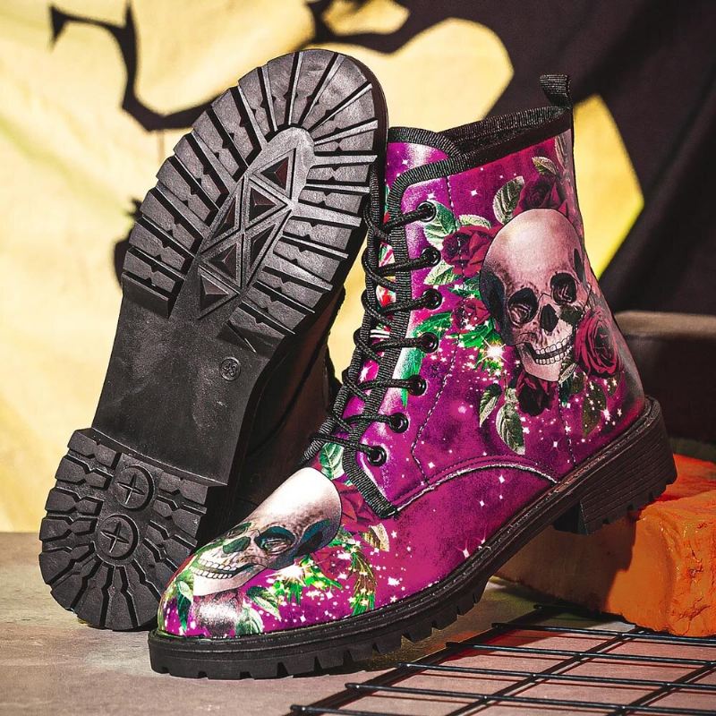 Miesten Nahka Halloween Pehmeä Pohja Pyöreä Varvas Hauska Pääkallo Printing Casual Martin Boots