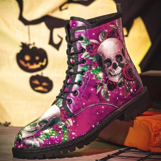 Miesten Nahka Halloween Pehmeä Pohja Pyöreä Varvas Hauska Pääkallo Printing Casual Martin Boots