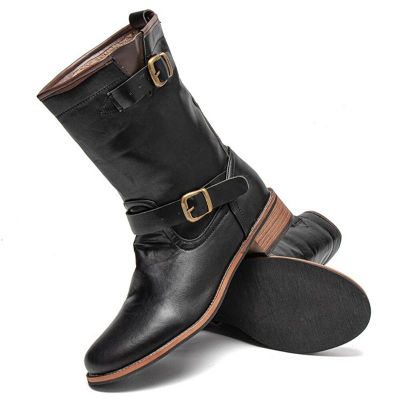 Miesten Nahka Retro Pyöreä Toe Liukumaton Mukava Luistaa Päälle Solid Casual Martin Boots