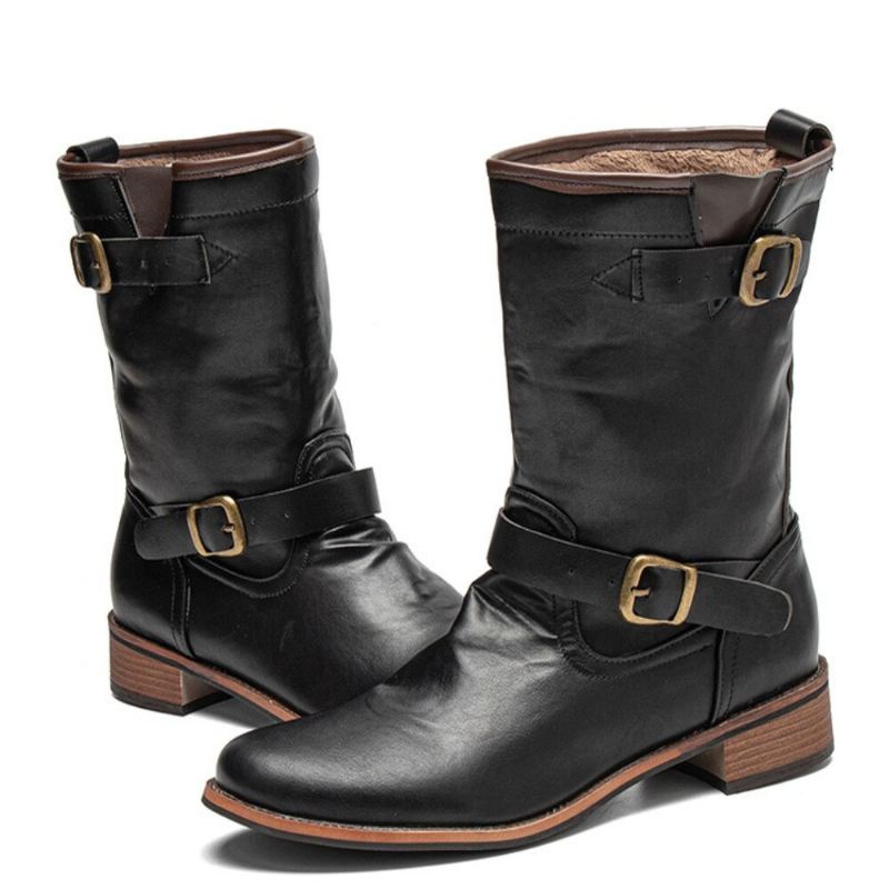 Miesten Nahka Retro Pyöreä Toe Liukumaton Mukava Luistaa Päälle Solid Casual Martin Boots