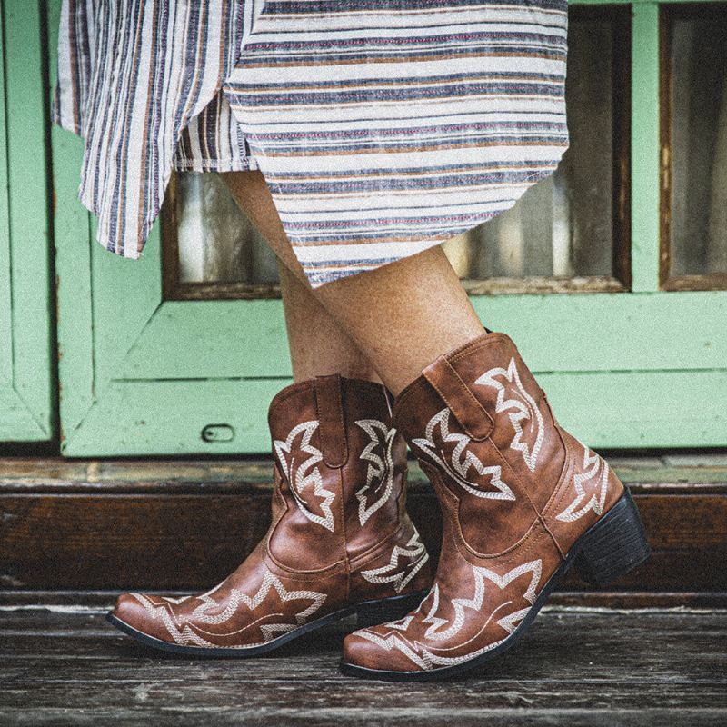 Naisten Folkway-kukkakirjailoidut Paksut Heel-slip-on Lyhyet Cowboysaappaat