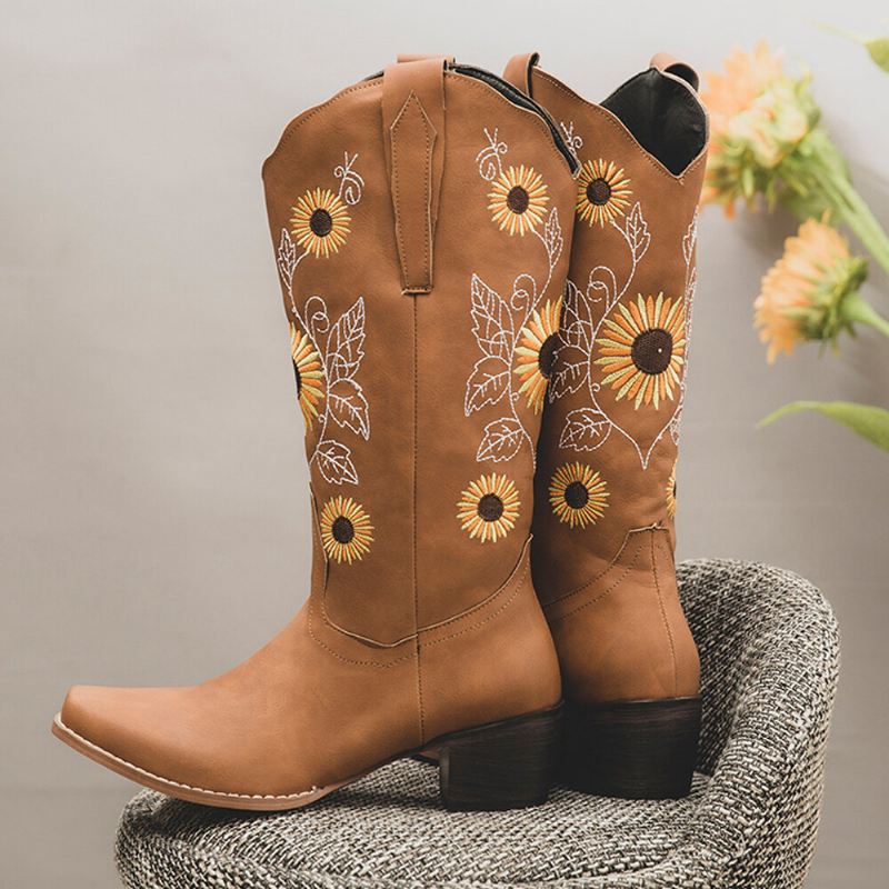 Naisten Plus Size Retro Auringonkukka Brodeerattu Paksu Heel Mid Calf Cowboy-saappaat