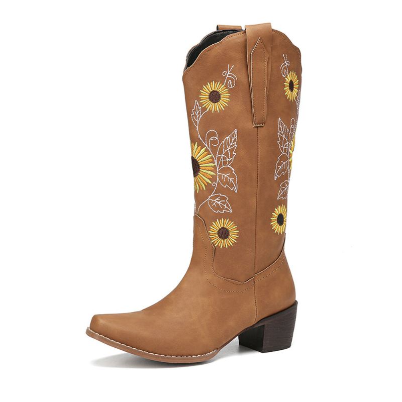 Naisten Plus Size Retro Auringonkukka Brodeerattu Paksu Heel Mid Calf Cowboy-saappaat