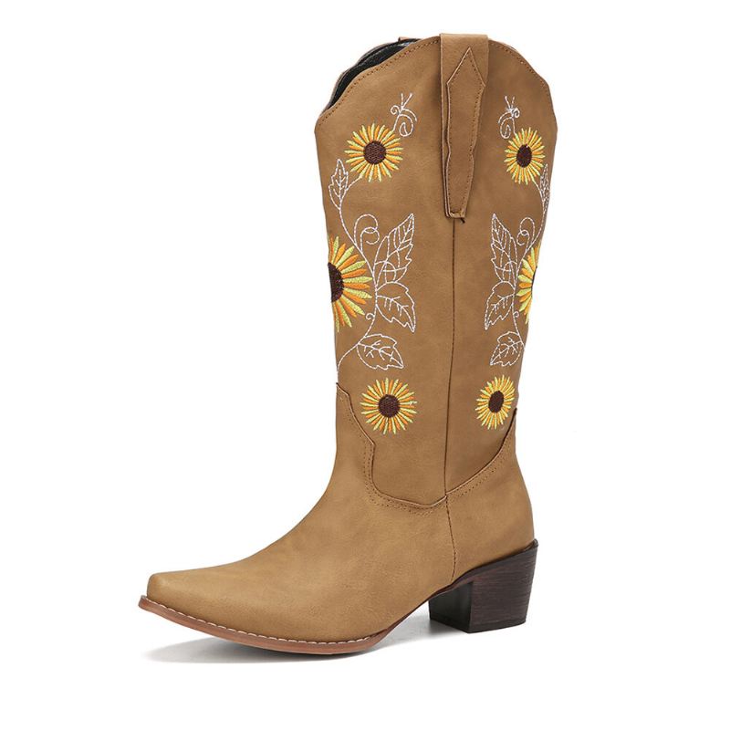 Naisten Plus Size Retro Auringonkukka Brodeerattu Paksu Heel Mid Calf Cowboy-saappaat