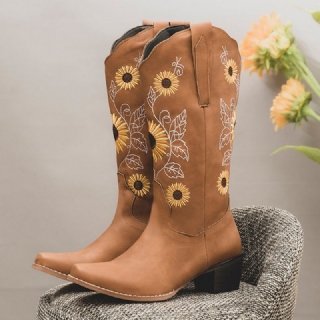 Naisten Plus Size Retro Auringonkukka Brodeerattu Paksu Heel Mid Calf Cowboy-saappaat