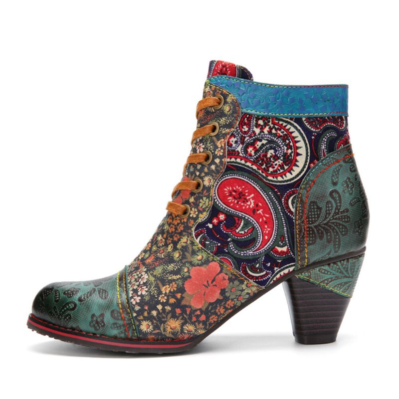 Retro Paisley Pattern Nahka Patchwork Lace-up Design Sivuvetoketju Mukavat Matalakorkoiset Lyhyet Nilkkurit