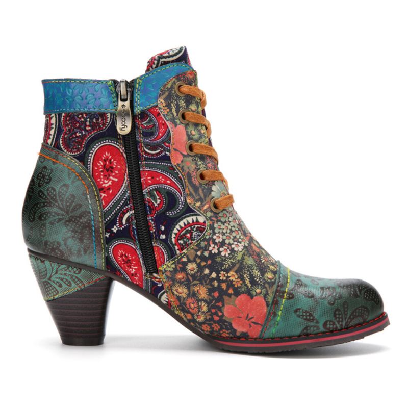 Retro Paisley Pattern Nahka Patchwork Lace-up Design Sivuvetoketju Mukavat Matalakorkoiset Lyhyet Nilkkurit