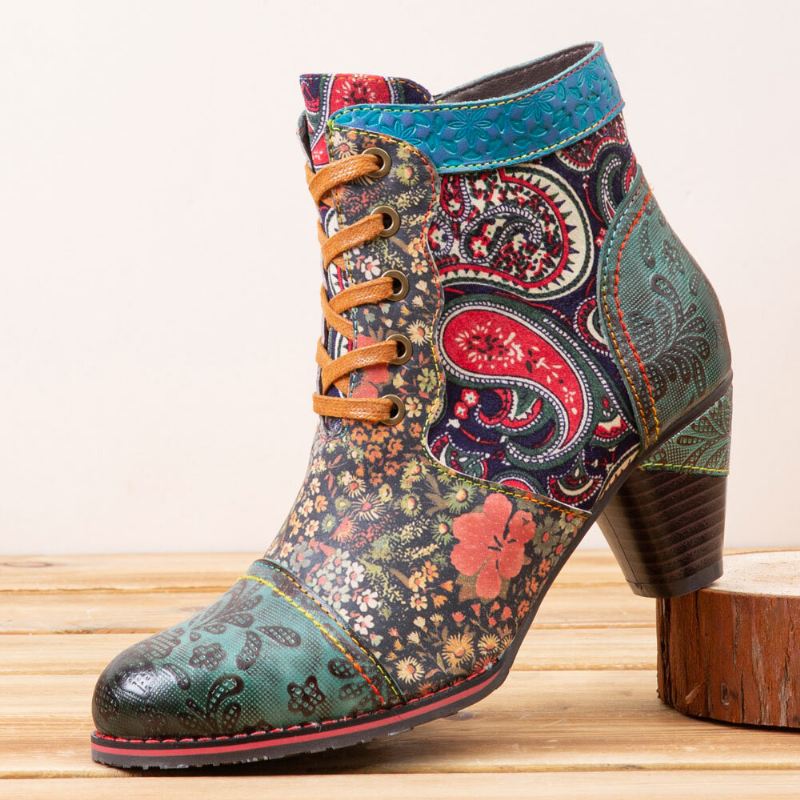 Retro Paisley Pattern Nahka Patchwork Lace-up Design Sivuvetoketju Mukavat Matalakorkoiset Lyhyet Nilkkurit