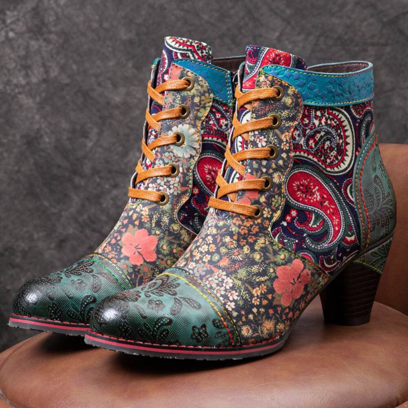 Retro Paisley Pattern Nahka Patchwork Lace-up Design Sivuvetoketju Mukavat Matalakorkoiset Lyhyet Nilkkurit