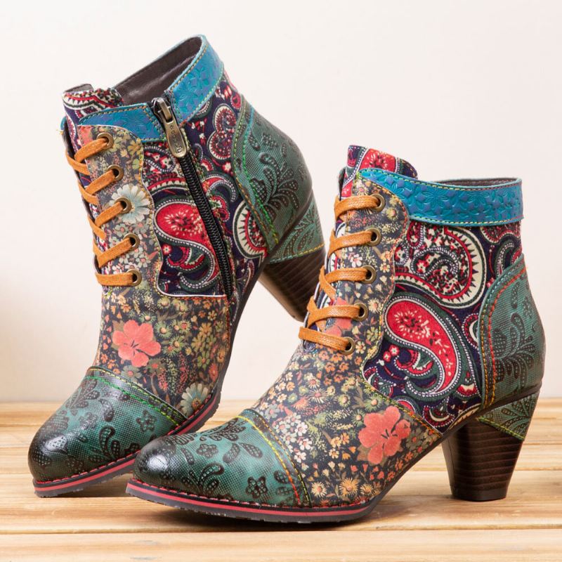 Retro Paisley Pattern Nahka Patchwork Lace-up Design Sivuvetoketju Mukavat Matalakorkoiset Lyhyet Nilkkurit