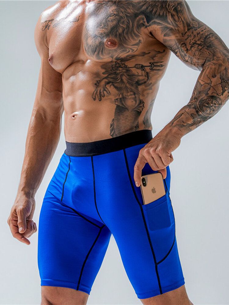 Miesten Stretch Slim Sport Quick Dry Pocket Vyötäröllä Hengittävät Ohuet Fitness Shortsit