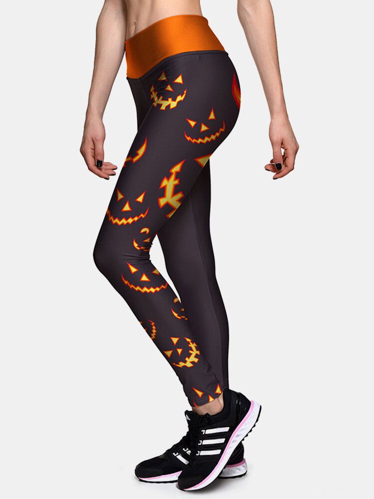 Naisten Halloween Side Pumpkin Print High Waist Slim Sport Pants