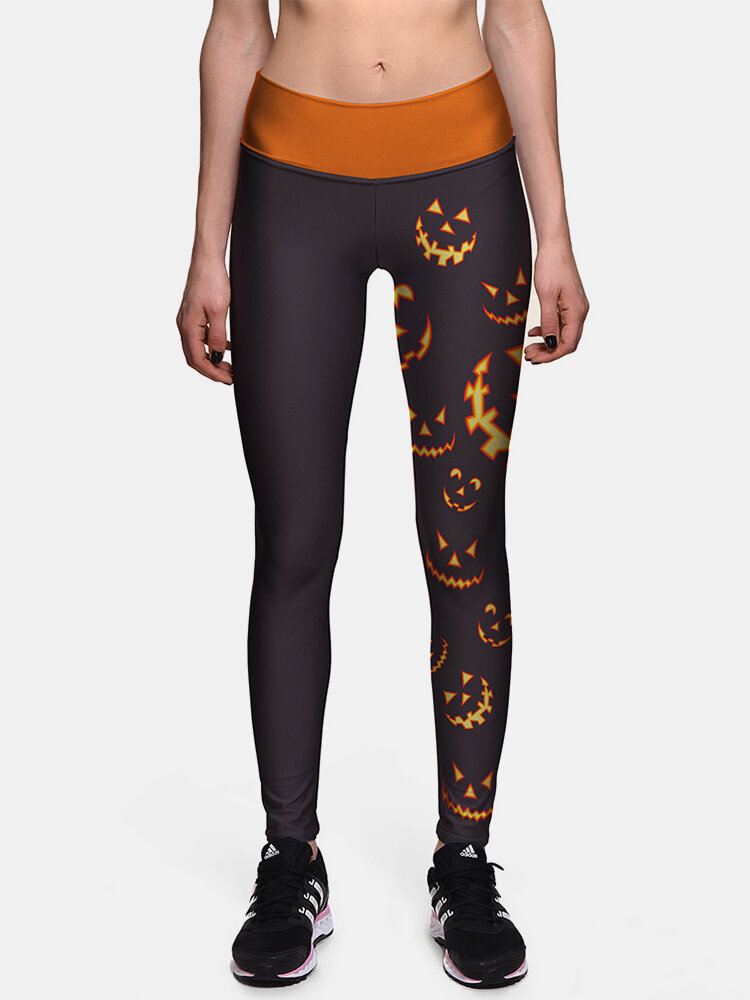 Naisten Halloween Side Pumpkin Print High Waist Slim Sport Pants