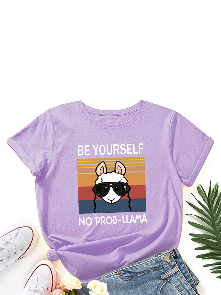 Cartoon Animal Slogan Print Pyöreäkauluksinen Naisten T-paita