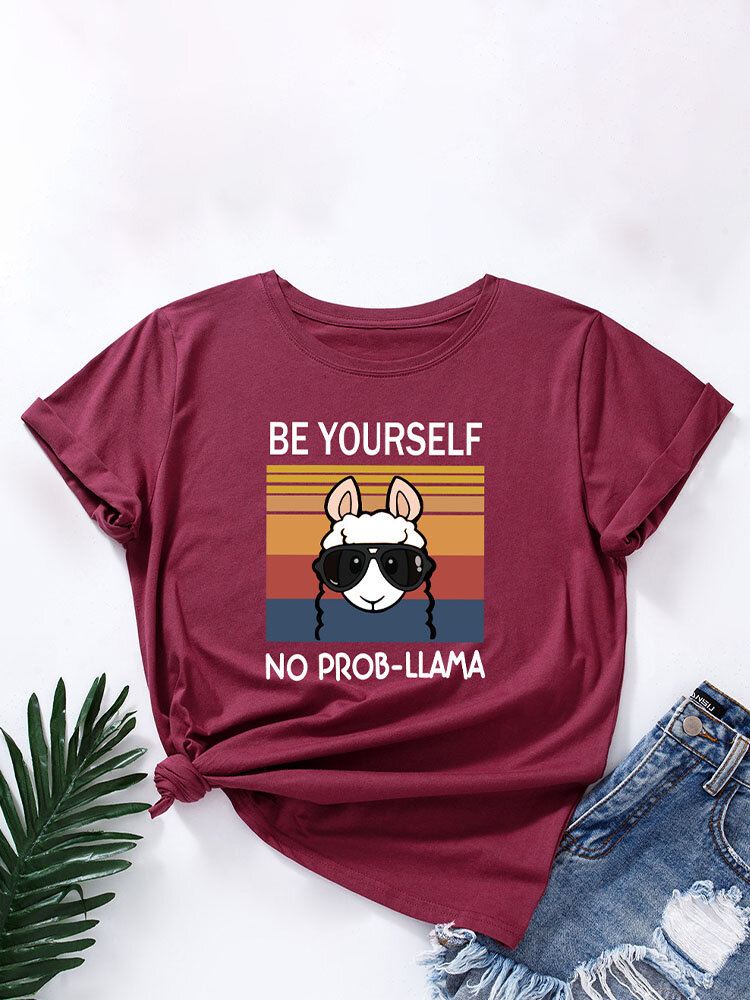 Cartoon Animal Slogan Print Pyöreäkauluksinen Naisten T-paita