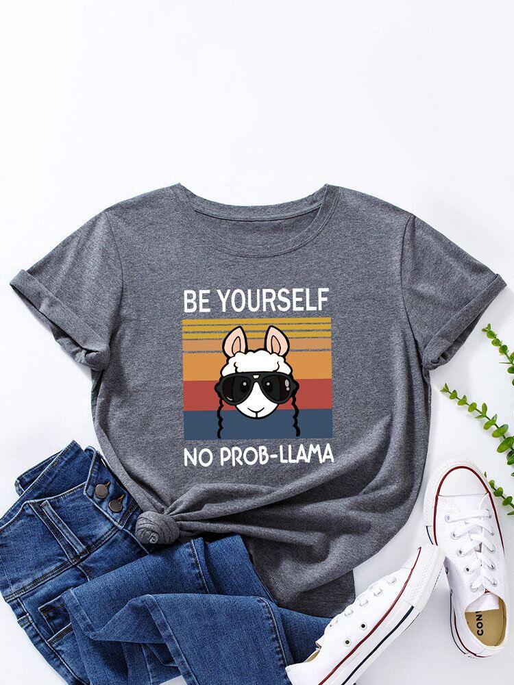 Cartoon Animal Slogan Print Pyöreäkauluksinen Naisten T-paita