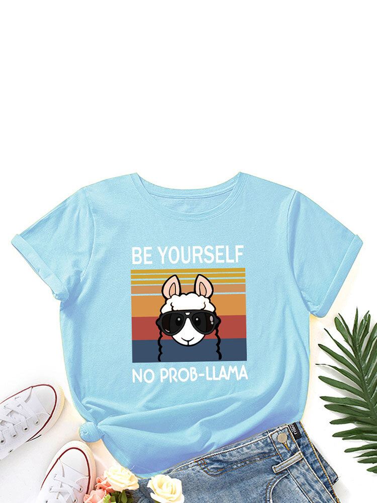 Cartoon Animal Slogan Print Pyöreäkauluksinen Naisten T-paita