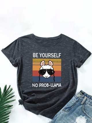 Cartoon Animal Slogan Print Pyöreäkauluksinen Naisten T-paita