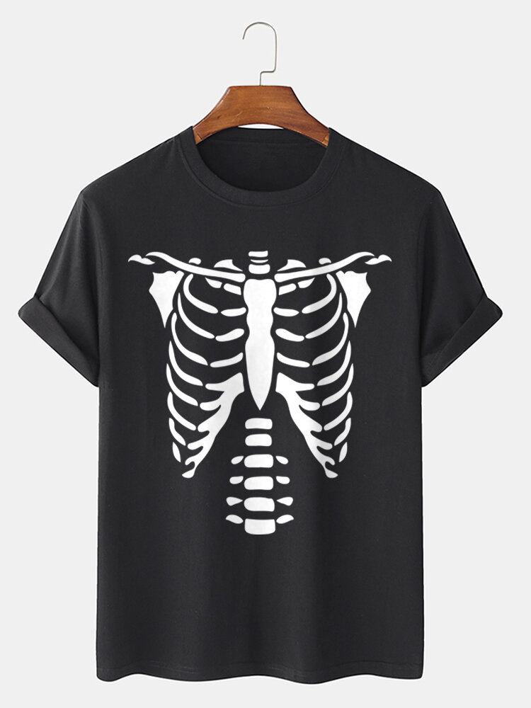 Miesten 100 % Puuvillaa Halloween Skeleton Bones Painettu T-paita