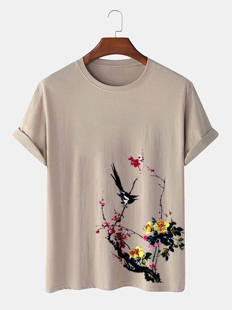 Miesten Bird Plum Bossom Print Lyhythihaiset Puuvilla T-paidat