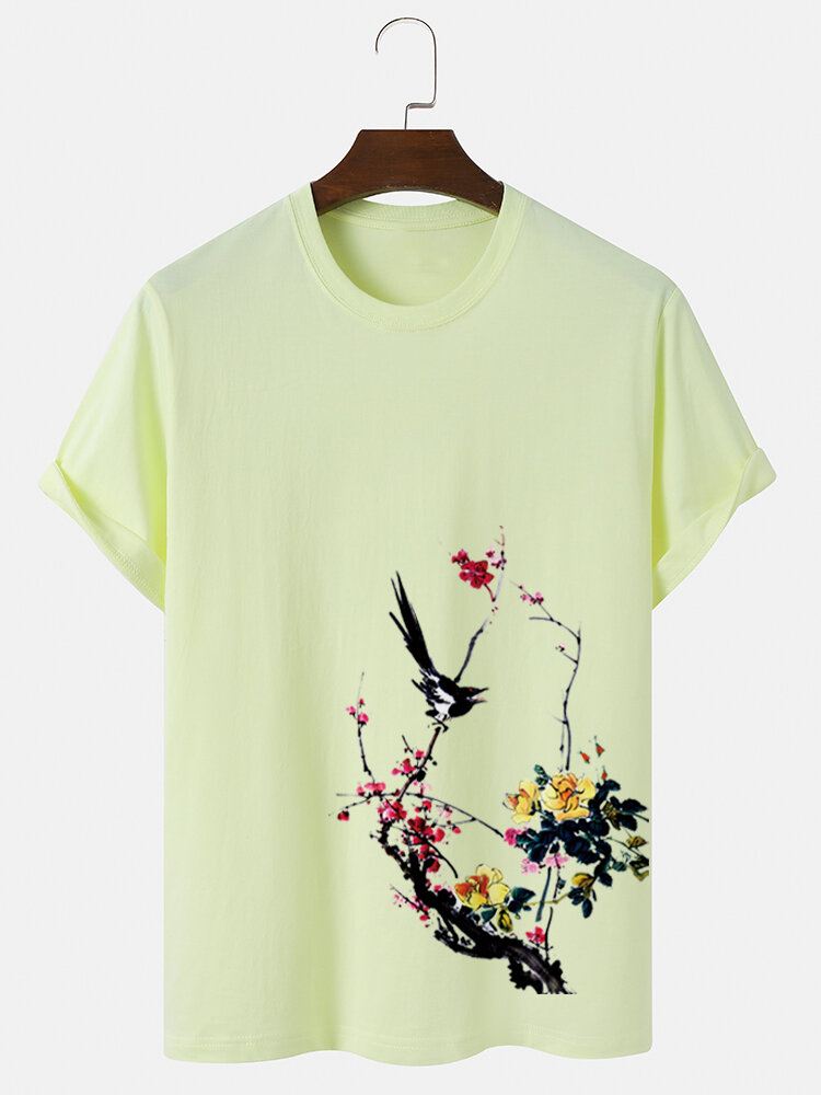 Miesten Bird Plum Bossom Print Lyhythihaiset Puuvilla T-paidat