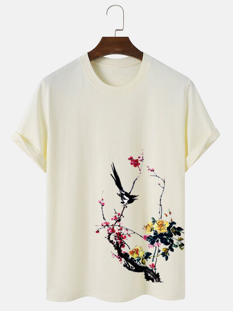 Miesten Bird Plum Bossom Print Lyhythihaiset Puuvilla T-paidat