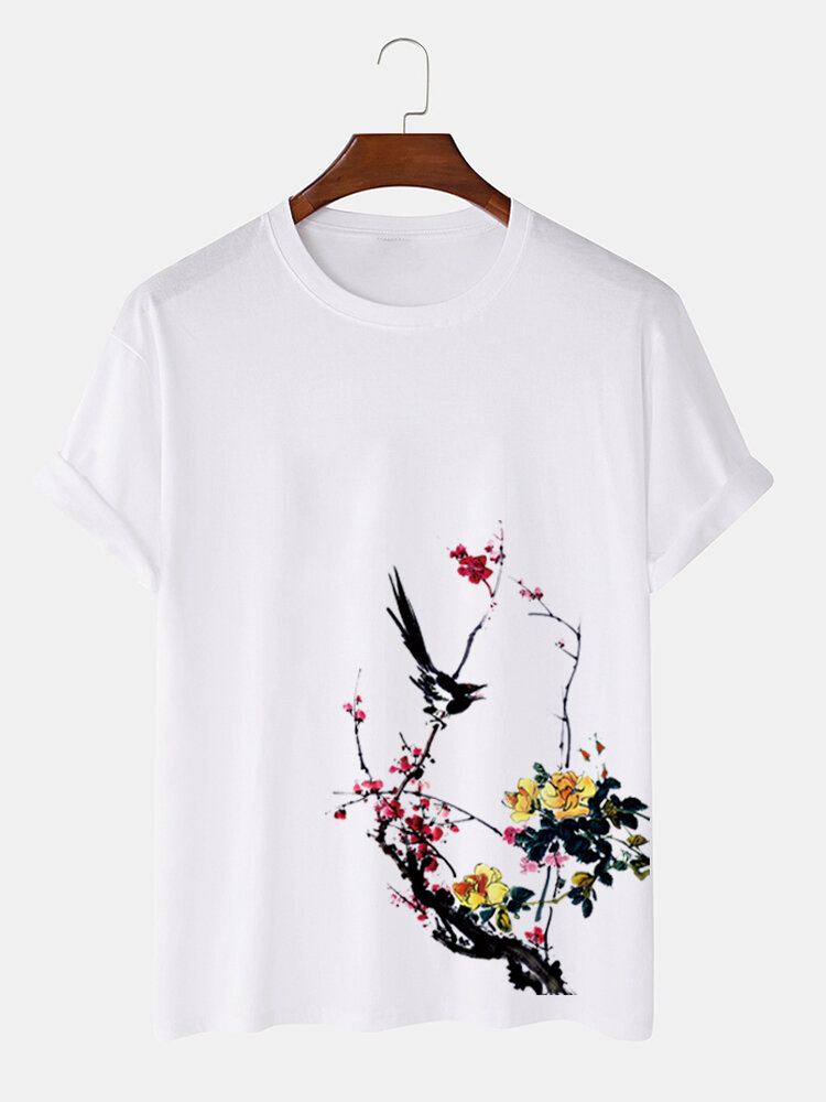 Miesten Bird Plum Bossom Print Lyhythihaiset Puuvilla T-paidat