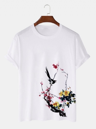 Miesten Bird Plum Bossom Print Lyhythihaiset Puuvilla T-paidat