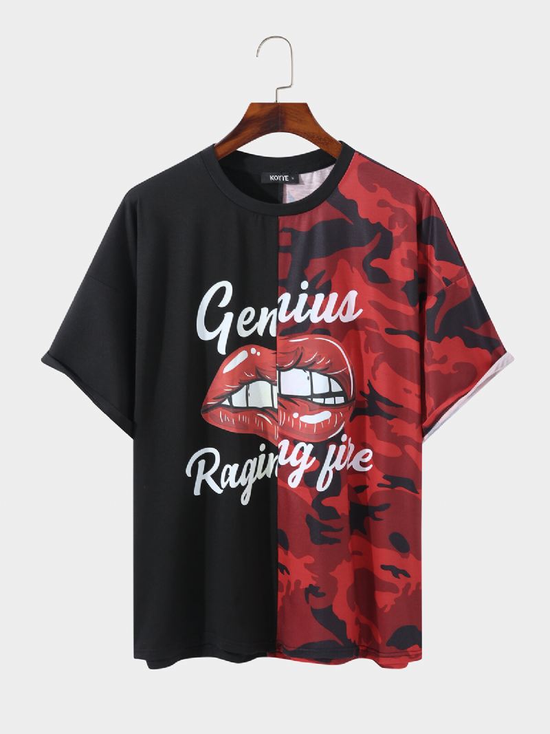 Miesten Camo Color Block Patchwork Lip Letter Print Vapaa-ajan Lyhythihainen T-paita