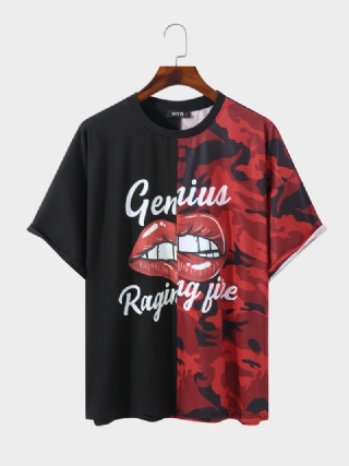 Miesten Camo Color Block Patchwork Lip Letter Print Vapaa-ajan Lyhythihainen T-paita