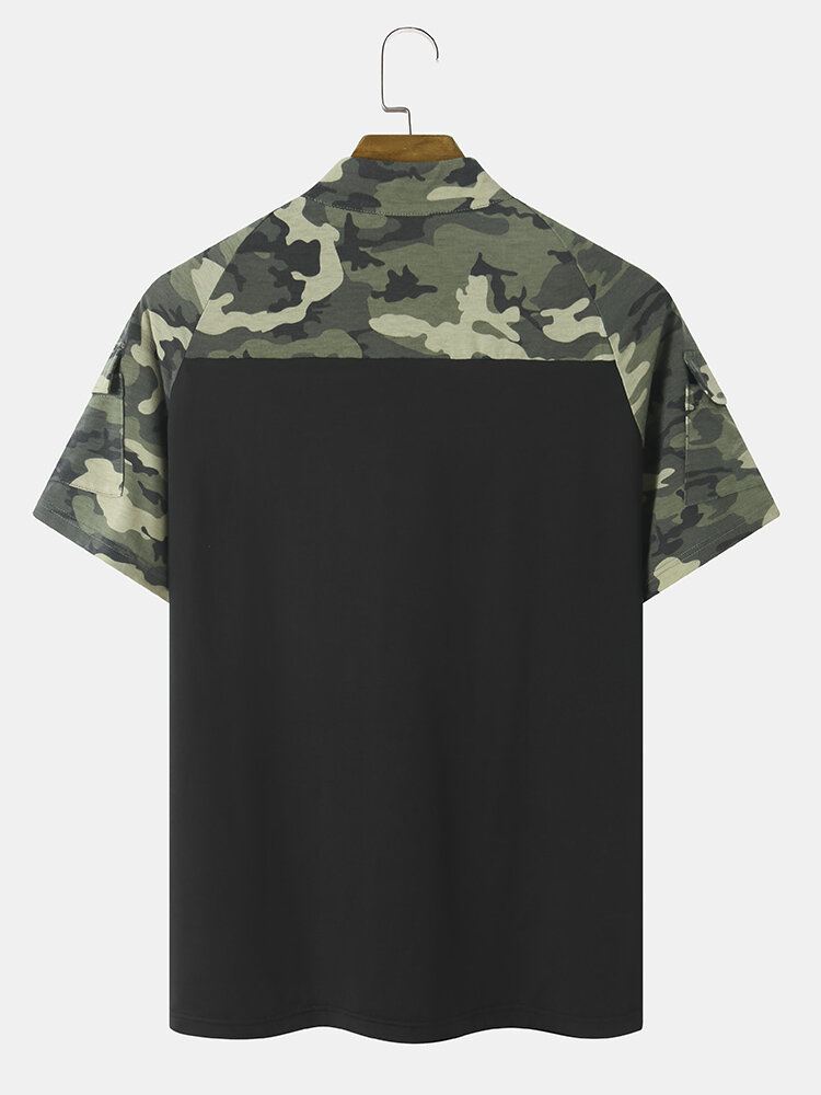 Miesten Camo Print Patchwork Edessä Vetoketju Ihoystävällinen Lyhythihainen Rento T-paita