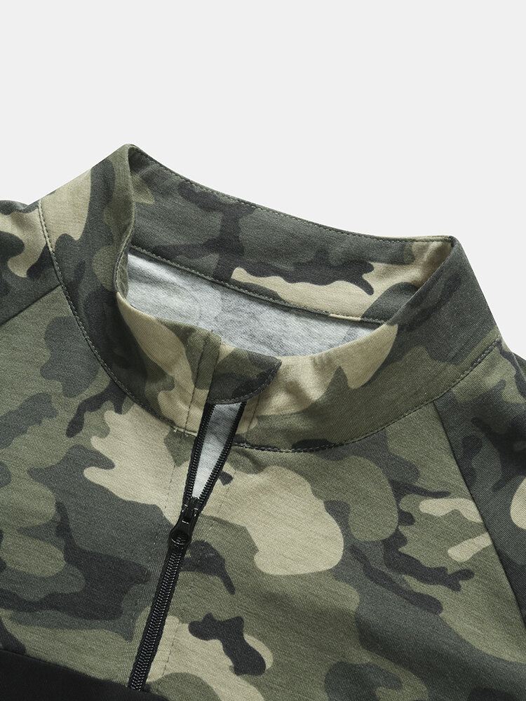 Miesten Camo Print Patchwork Edessä Vetoketju Ihoystävällinen Lyhythihainen Rento T-paita