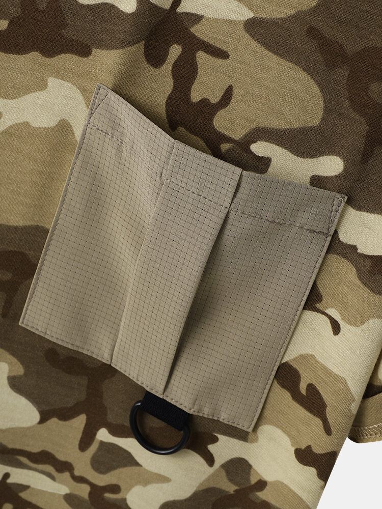 Miesten Gingham Camo Print Single Pocket Hem Cuff Ihoystävällinen Lyhythihainen T-paita