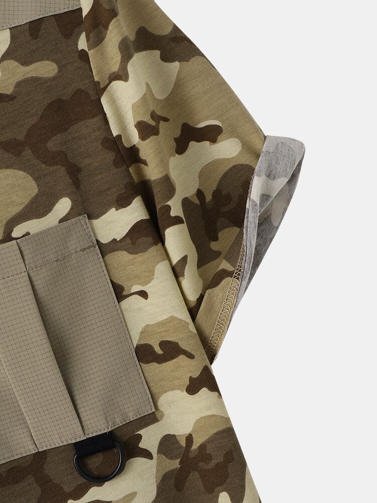 Miesten Gingham Camo Print Single Pocket Hem Cuff Ihoystävällinen Lyhythihainen T-paita