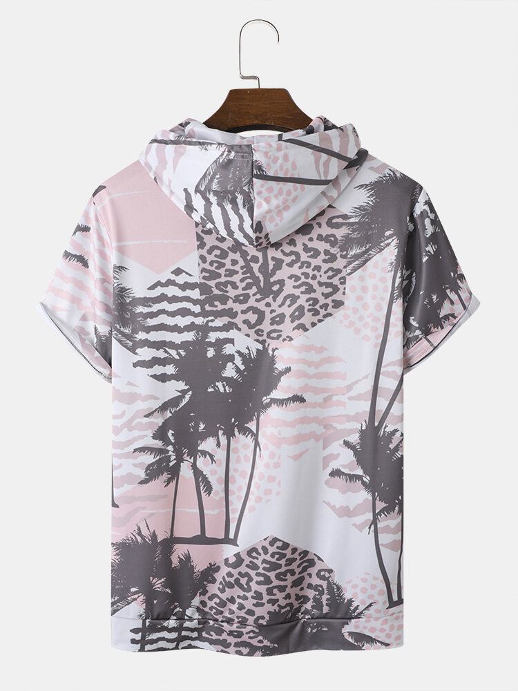 Miesten Palm Tree Leopard-hupullinen Kiristysnyöri Lyhythihaiset Rento T-paidat