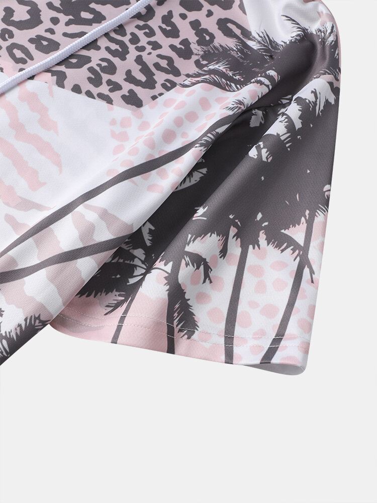 Miesten Palm Tree Leopard-hupullinen Kiristysnyöri Lyhythihaiset Rento T-paidat