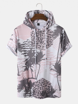 Miesten Palm Tree Leopard-hupullinen Kiristysnyöri Lyhythihaiset Rento T-paidat