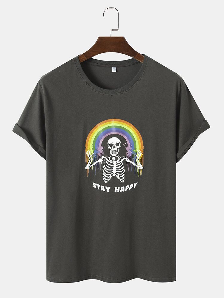 Miesten Puuvilla Funny Skull Rainbow Print Vapaa-aika Kaikki Yhteensopivat T-paidat