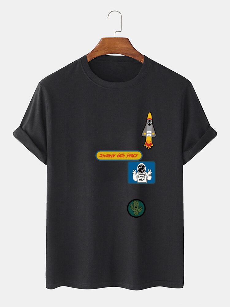 Miesten Sarjakuva Astronaut Rocket Print O-pääntie 100 % Puuvillaa T-paita