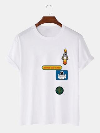 Miesten Sarjakuva Astronaut Rocket Print O-pääntie 100 % Puuvillaa T-paita